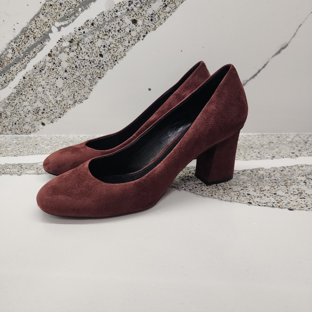 Lafayette 148 Burgundy Suede Block Heel Pumps | Classic Round Toe | Size 9